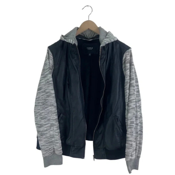 Torrid Black Faux Leather & Marled Grey Terry Bomber Jacket Size 1 Hooded - Picture 1 of 10